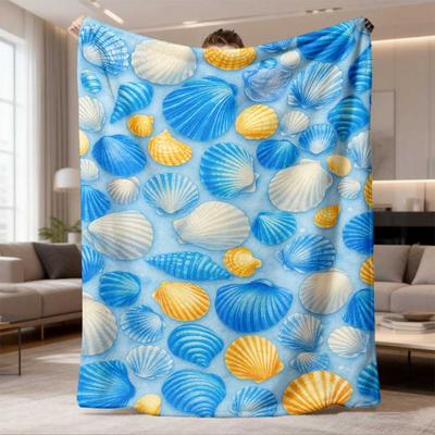 2026 Latest Flannel Blanket 1pc Suige Home Cozy Conch Print Flannel Blanket - Soft & Warm All-Season Throw, Contemporary Blue & Beige Seashell Design