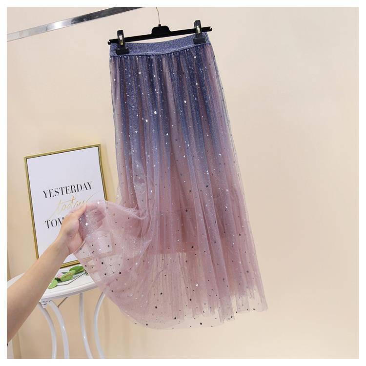 Spring Summer Skirts Women Long Tulle Skirt Sequined Pleated A Line Midi Skirt Chic High Waist Skirt