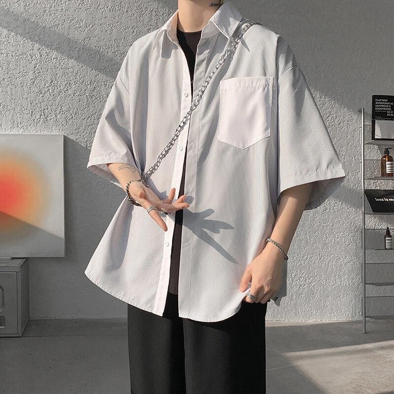 Contrasting Colors Striped Shirts Men's Clothing Stylish Patchwork Summer Turn-down Collar Loose All-match Short Sleeve Shirts
