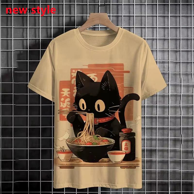 Japanese Ukiyo-E Cute Cat Pattern Round Neck Man T Shirts Short Sleeved Daily Oversized T-Shirt Harajuku Y2k T-Shirt Women Tops S