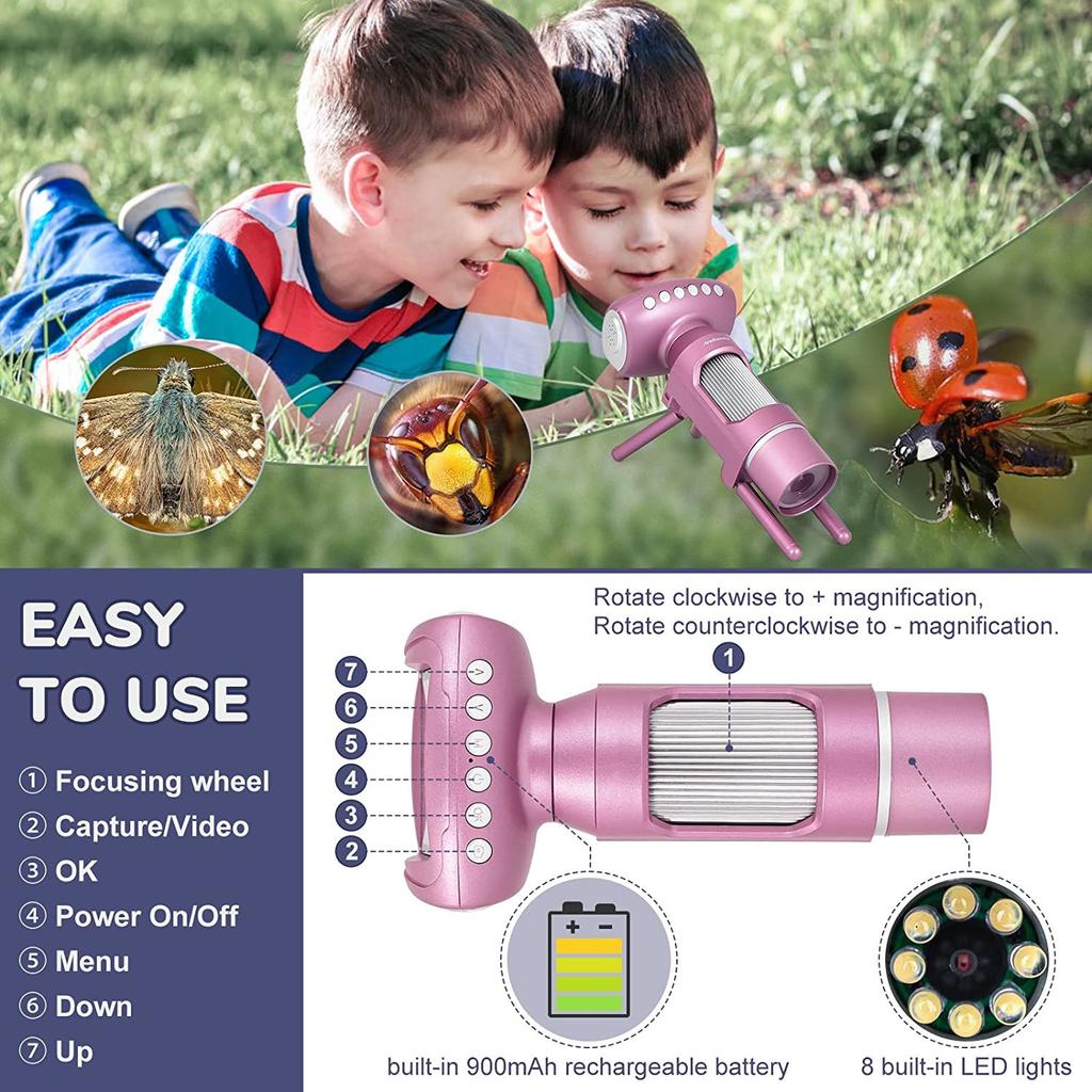 Children's Digital Microscope Camera 3-In-1 Children's Puzzle Toy 2-Inch Large Screen