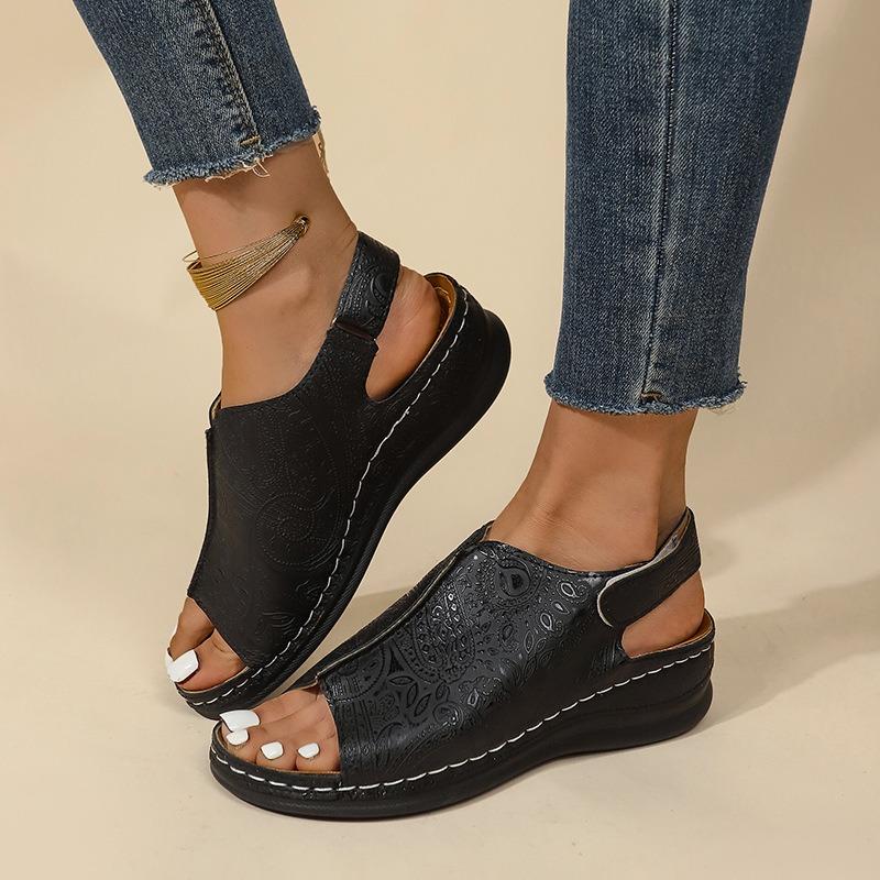 Retro Rock Pattern Large Size Wedge Sandals Women's Summer New Platform High Heel Sandals Women's