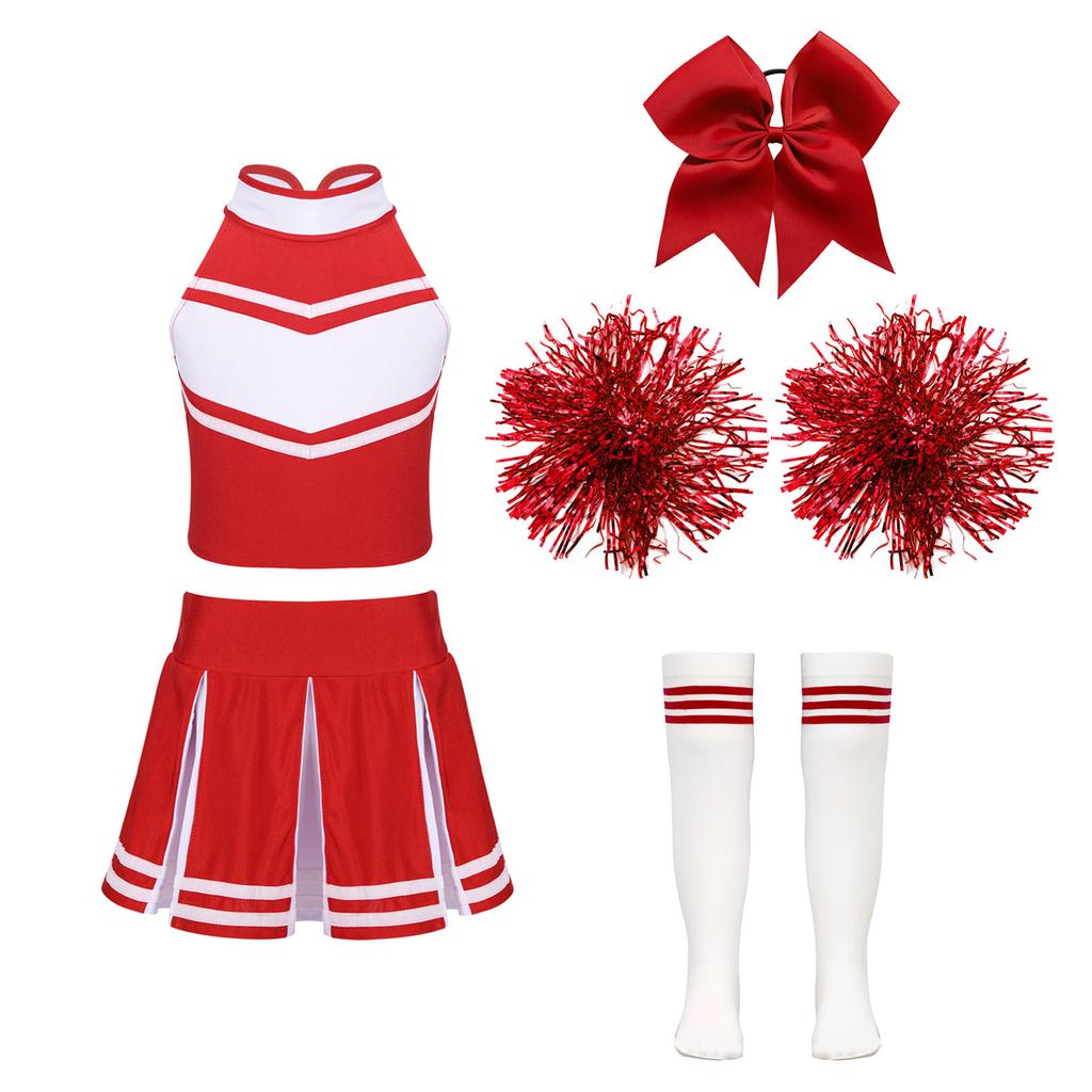 Kids Girls Cheerleading Set Sleeveless Zipper Top Pleated Skirt Bowknot Headwear 2 Hand Flowers Striped Tube Socks for Performance