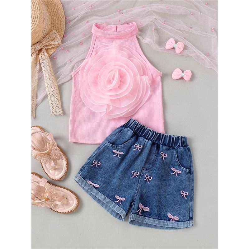 Children's Fashion Set: Summer Girls' Pink Floral Tank Top + Vintage-Style Jeans Two-Piece Set