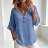 Women Tops Loose Fit V Neck 3/4 Sleeves Pullover Tops Button Decor Pure Color Summer Casual T-shirt Daily Wear