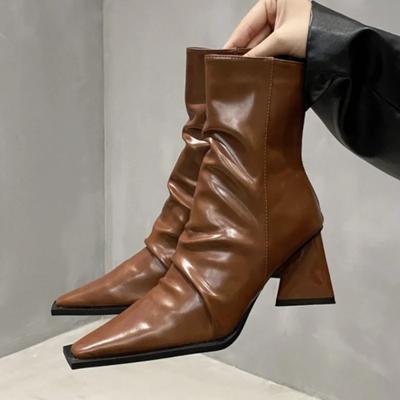 New Ankle Boots Women Autumn Winter Pointed Short Boots Female Design Fashion Zipper Chunky Heel Patent Leather Women Boots