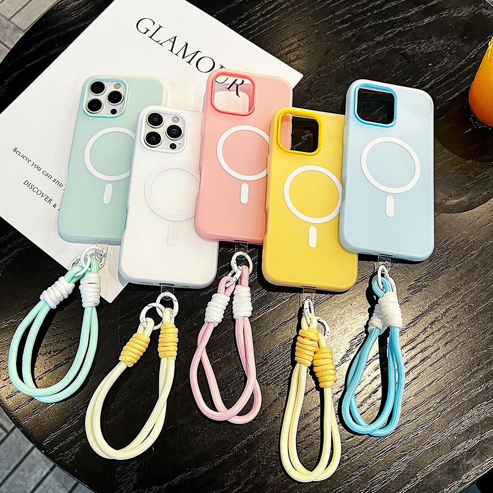 Luxury Candy Color With Lanyard For Magsafe Case for 17 16 15 14 12 11 13 Pro Max Plus Air Wireless Charge Magnetic Cover