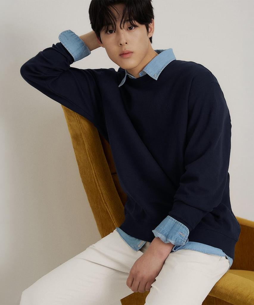 Binpolmen Textured Round Neck Long Sleeve T-Shirt Navy