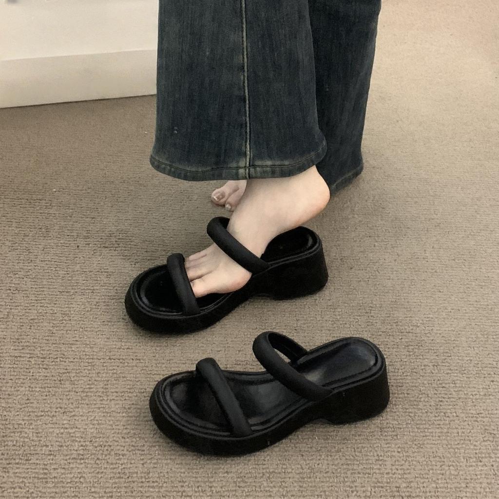 sponge cake thick-soled high-heeled black open-toed sandals for women's summer outer wear wedge heel small inner height increase with skirt cool slipp