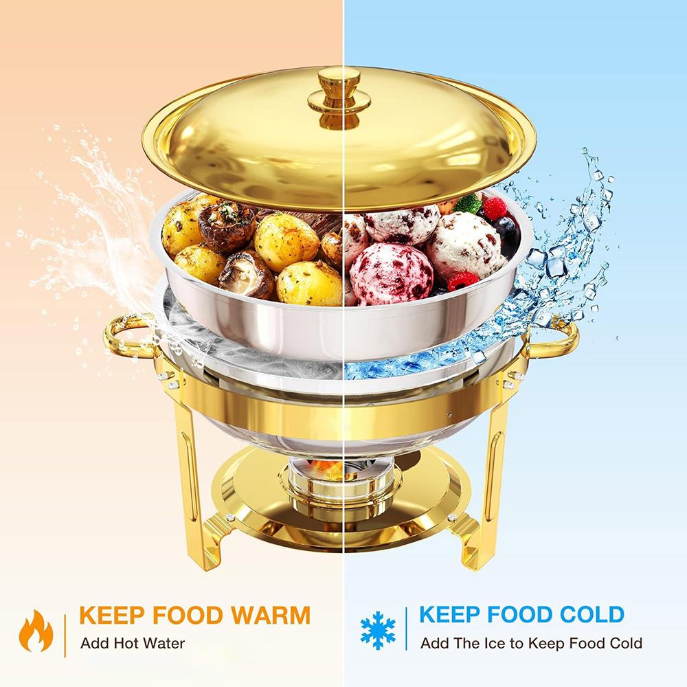 Golden insulated food pot set, including 5-quart round stainless steel insulated pot, lid, and bracket. Suitable for parties