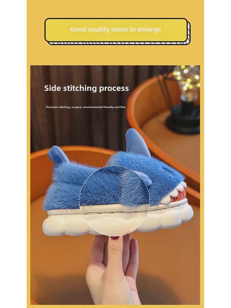 Kinder Winter Baumwollpantoffeln mit Fellabsätzen - Rutschfeste Indoor Cartoon Hausschuhe für Jungen & Mädchen