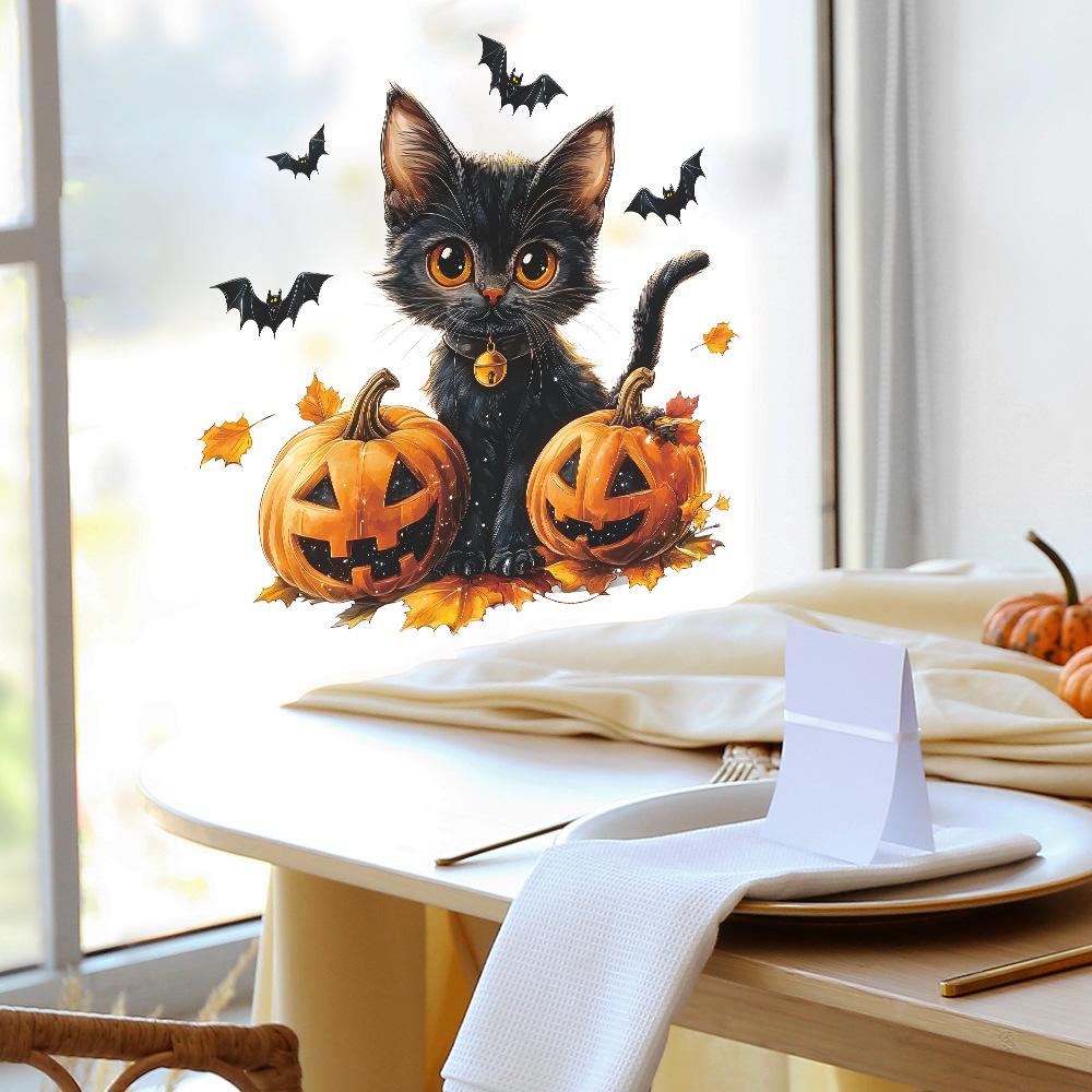 Halloween Cartoon Black Cat Pumpkin Glass Window Display Home Festival Decoration Static Window Stickers