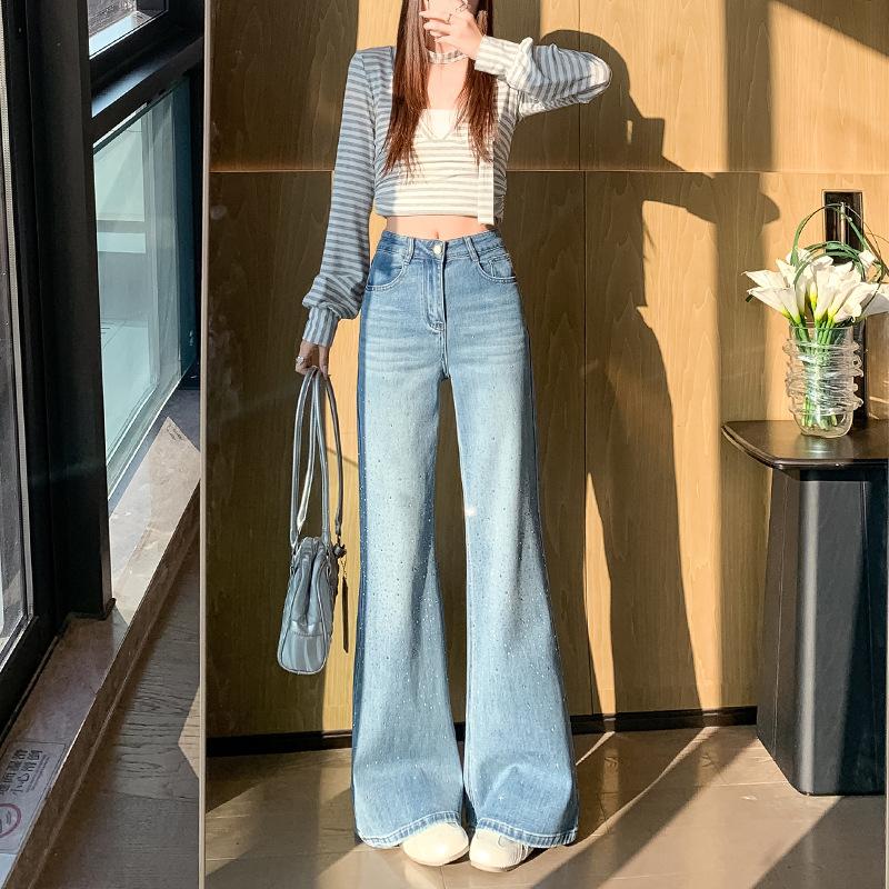 Light blue hot diamond slightly pulled jeans, women's spring new high waist loose and thin, no leg flared pants