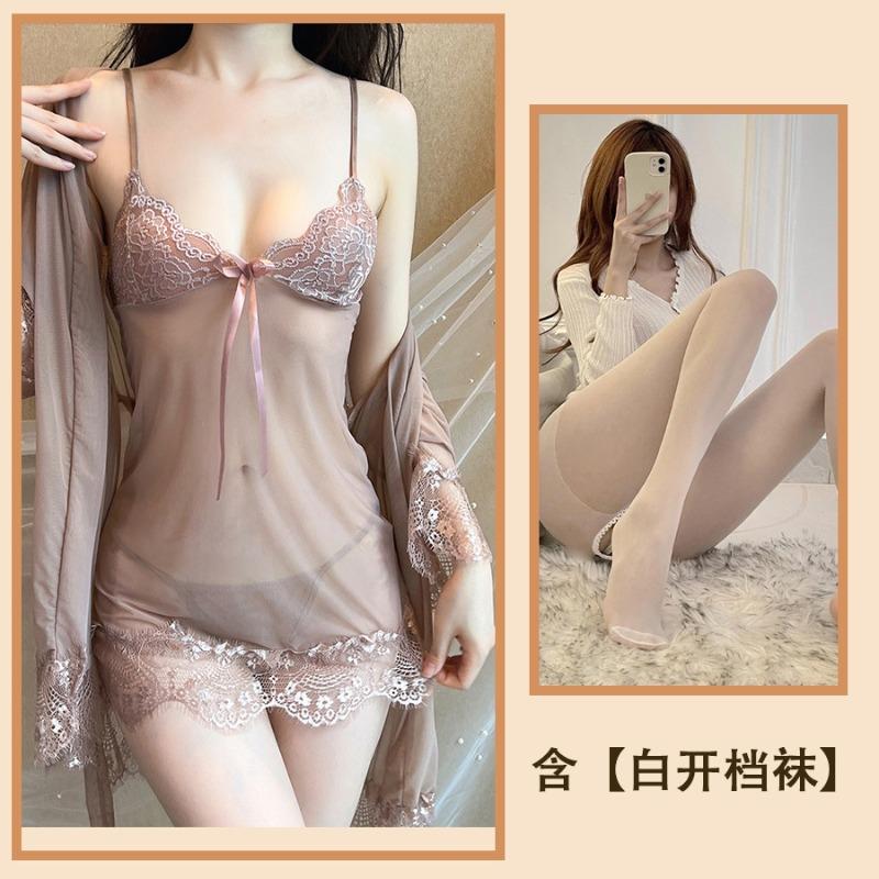 Sexy Women's Pajamas, Be Careful, Large Size Lace Mesh Yarn, Pure Desire Wind, Hot Transparent Robe, Four-piece Home Furnishing