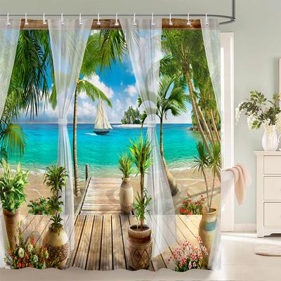 European Garden Patio Landscape Shower Curtains Beach Flowers Bathroom Curtain for Bathroom Polyester Waterproof Shower Curtain
