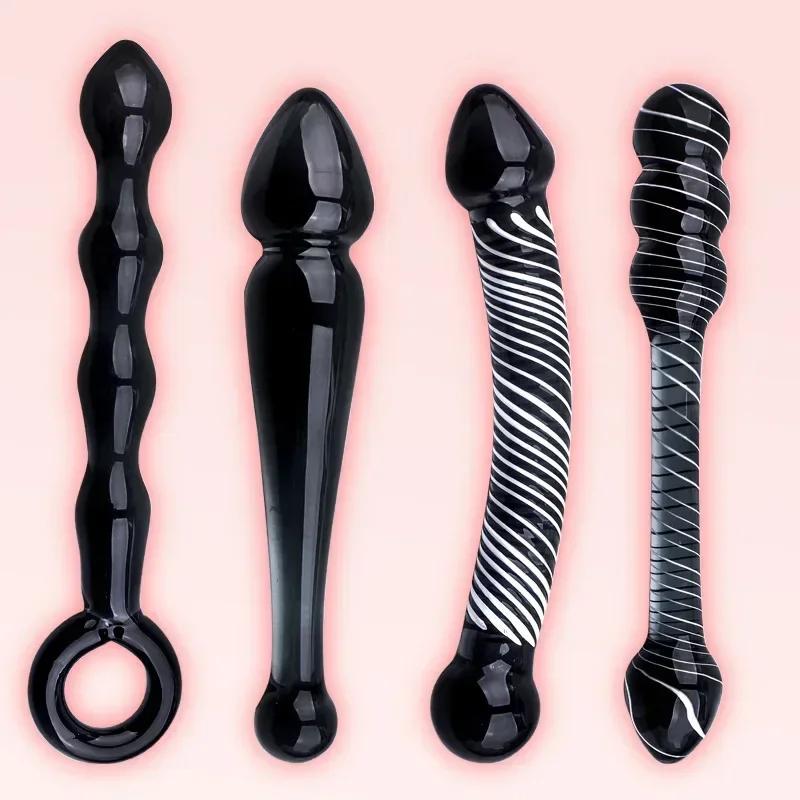 Black Crystal Glass Toys Dildo Anal Plug Gay Sex Toys Double Anal Beads For Men/Women Vaginal Anal Dilation Butt Plug
