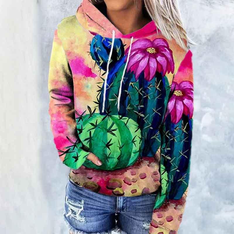 Vintage Printed Hooded Sweatshirt Sportwear Coat for Women 3D Pocket Hoodies Autumn Women's Pullovers