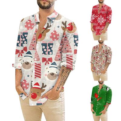 Men's Christmas Shirts Long Sleeve Floral Printed Button Up Tops Funny Cute  Graphic Dress Shirt