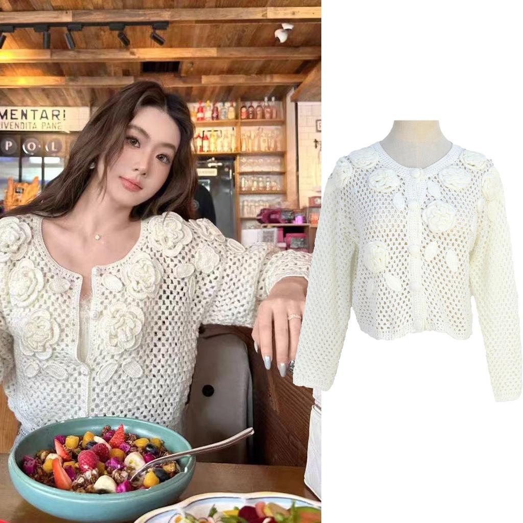 Handmade Crochet Retro Rose Long Sleeve Cover-up Cardigan