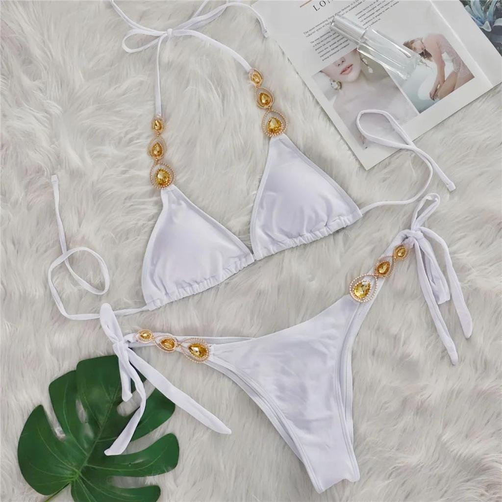 Sexy Diamant Strass Scrunch Butt Bikini Damen Bademode Damen Badeanzug Zweiteiliges Bikini Set Bademode Badeanzug Schwimm