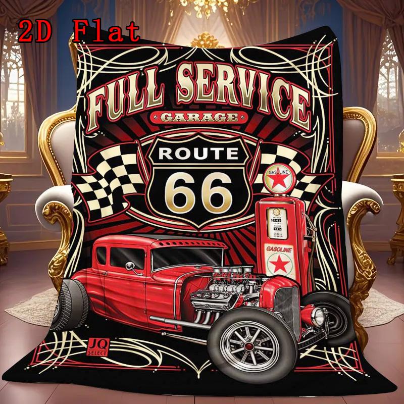 Vintage Route Classic Car 2D Flat Pattern Flannel Blanket High Quality All Seasons Warmth and Comfort Perfect for Christmas Gifts.