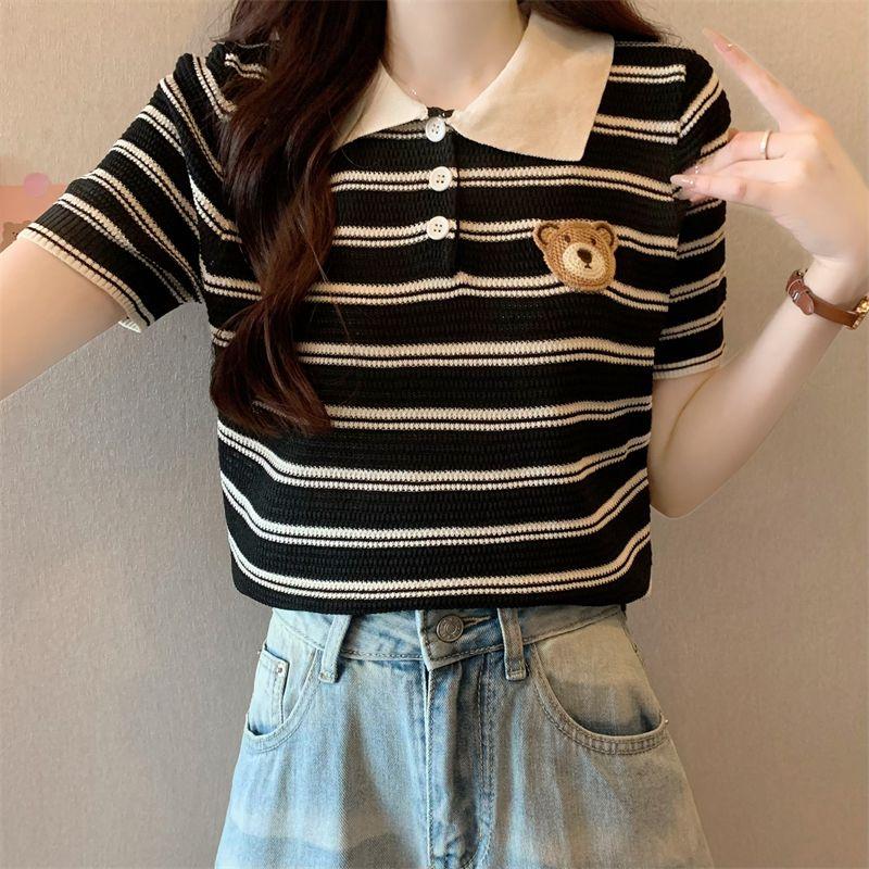 Вышитая полосатая трикотажная футболка с короткими рукавами и плюшевым мишкой, женская летняя утягивающая рубашка-поло с открытыми плечами S