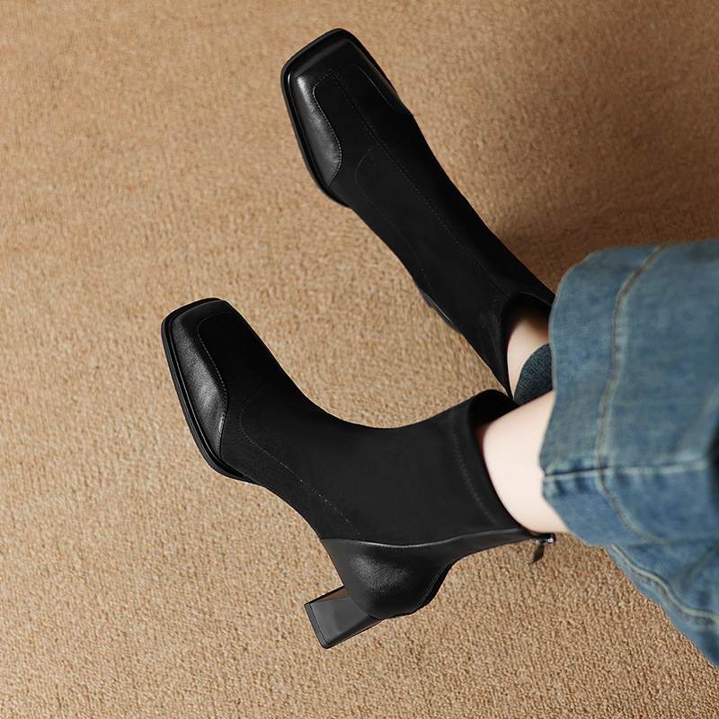 Krazing Pot Flock Autumn Winter Shoes Thick High Heels Big Size 40 Modern Boots Square Toe Keep Warm Zip Ankle Boots