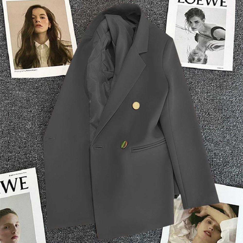 Women's Notched Collar Long Sleeve Blazer Loose Fit Casual Office Jacket Solid Color Single Breasted Pocket Outerwear