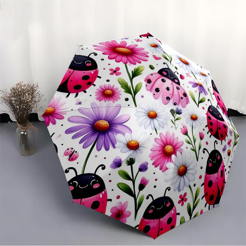 1pc Ladybugs Flowers Automatic Open/close Umbrella, 8-Rib sturdy structure, Auto Folding/Opening, Portable Travel Umbrella for Women c19