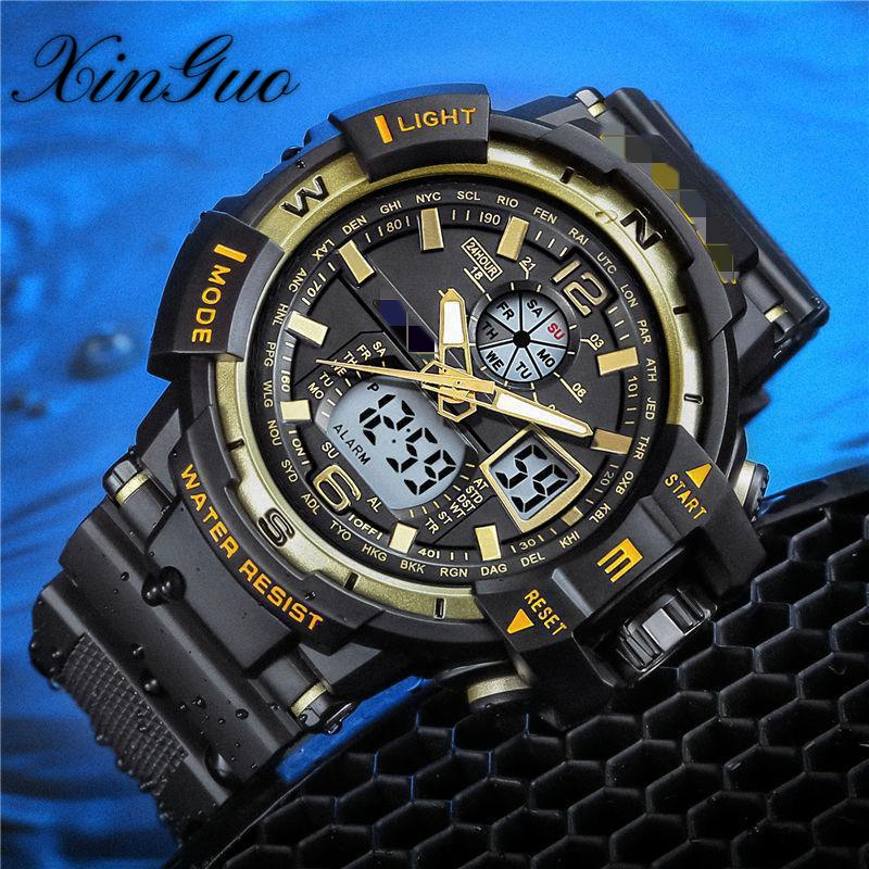 

Мужские студенческие модели с большим циферблатом, многофункциональные спортивные водонепроницаемые электронные часы со светодиодной подсветкой и двойным дисплеем золотой