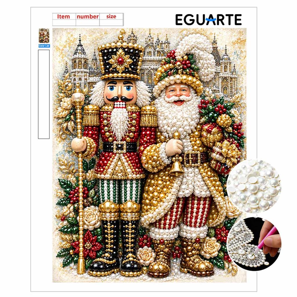 Nutcracker and Santa Pearl Painting with Frame 3D Sparkling Canvas Art Relaxing Craft for Bedroom Wall Decor Festive Holiday Home Gift