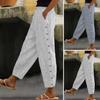 Pantaloni casual de vară pentru femei, cu talie mijlocie, cu bandă elastică, pantaloni largi, cu picioare drepte, cu nasturi laterali, buzunare, pantaloni cu imprimeu în dungi
