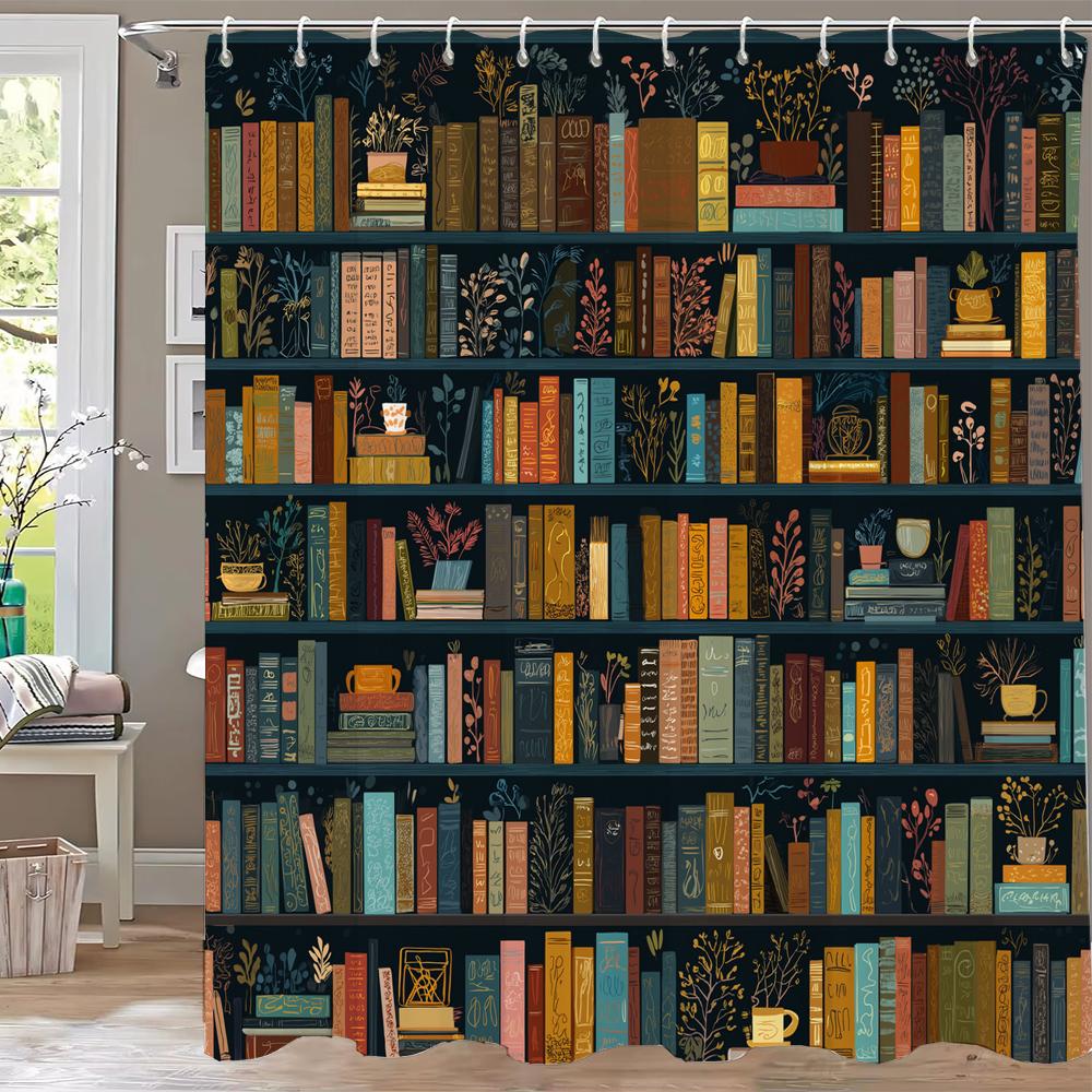 1 Stück Europäischer Retro Bücherregal Druck Duschvorhang Trennwand Sichtschutz Hängender Badezimmervorhang Mit Haken Dekoration Vorhang
