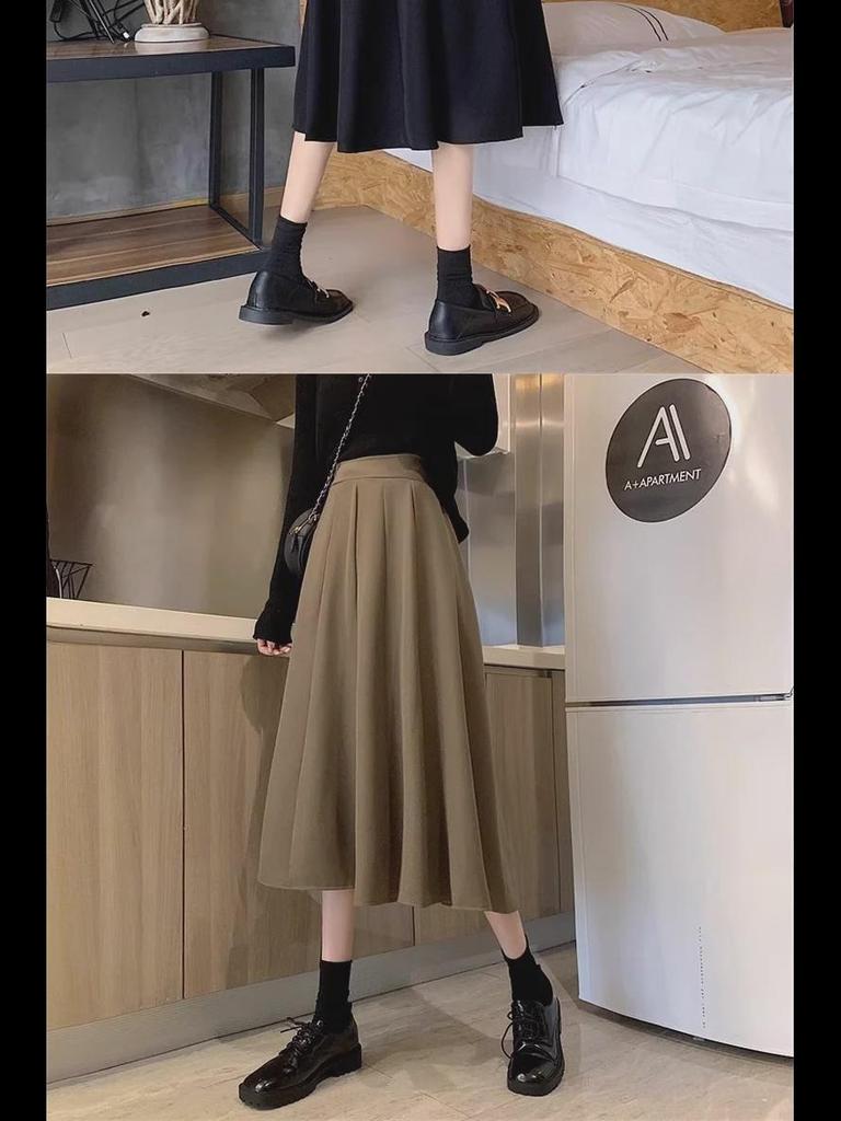 Women's Black High-Waist A-Line Skirt - Spring/Autumn 2024 - Small Size, Medium Length, Big Swing Style.