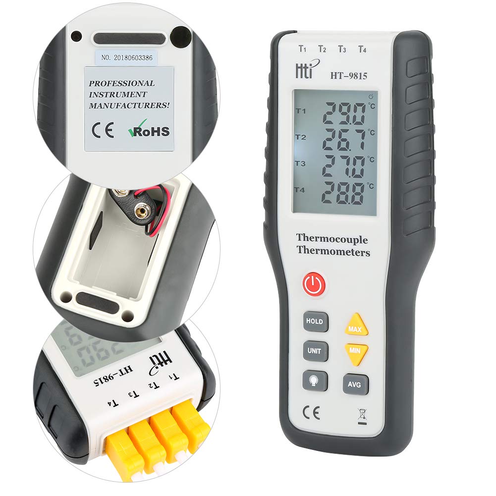 Thermocouple Thermometer 4 Channel K Type LCD Digital Thermometer Thermometer Tester with Storage Case Measuring Range Temperature Data Logger HT-9815
