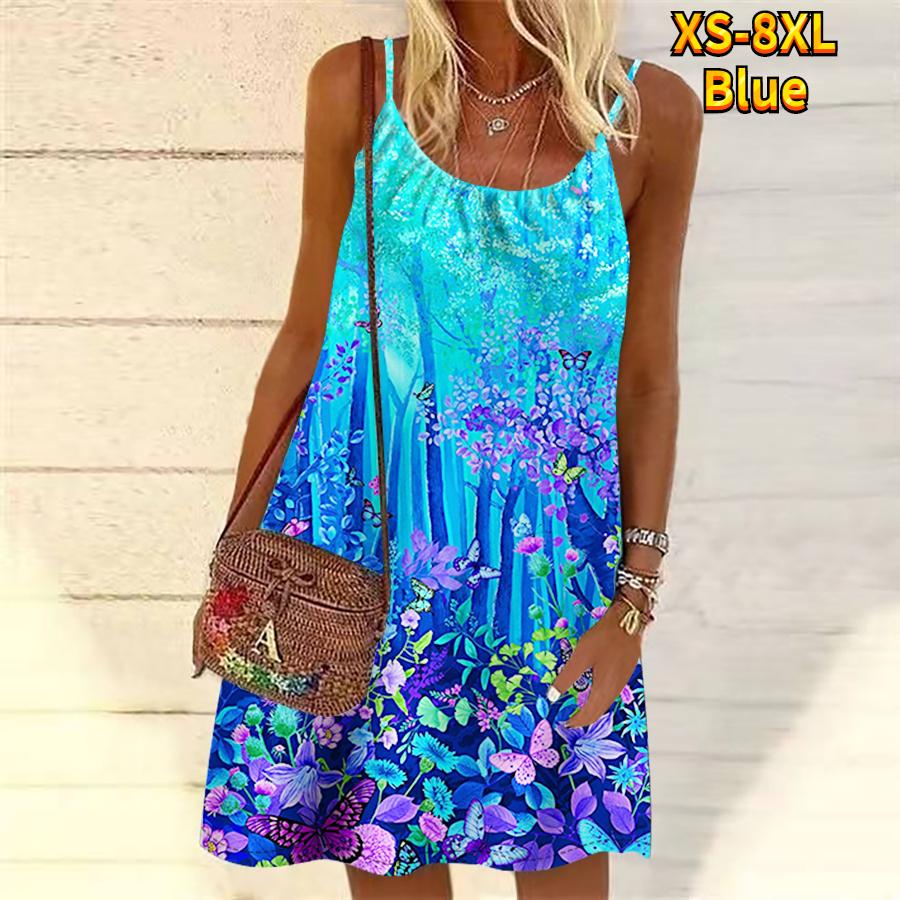 

Міні-сукня без рукавів Жіночий квітковий сад із принтом квітів, вечірня сукня, літня пляжна сукня, сарафан XL синій