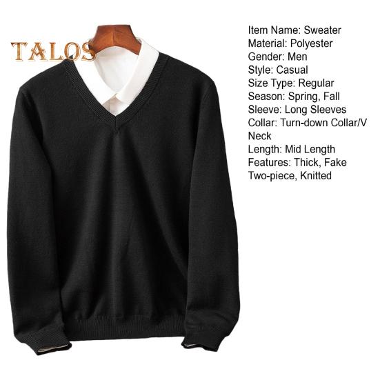 Men Fall Winter Sweater Fake Two-piece Shirt Patchwork Turn-down Collar V Neck Long Sleeves Elastic Pure Color Slim Fit Warm Knitwear