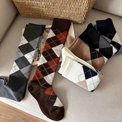 Patchwork Calf Socks, Cotton Socks, Slimming, Retro Academic Style, Diamond Patterned, Jacquard Long Stockings for Women's Calves