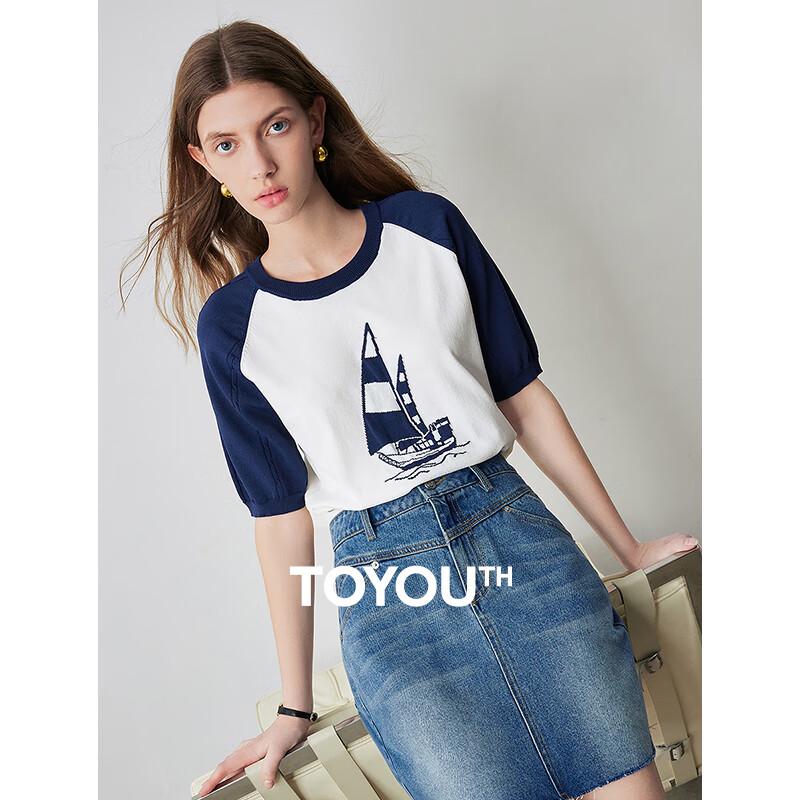 Chuyu Women's Sailboat Jacquard Short-Sleeve Knit Top