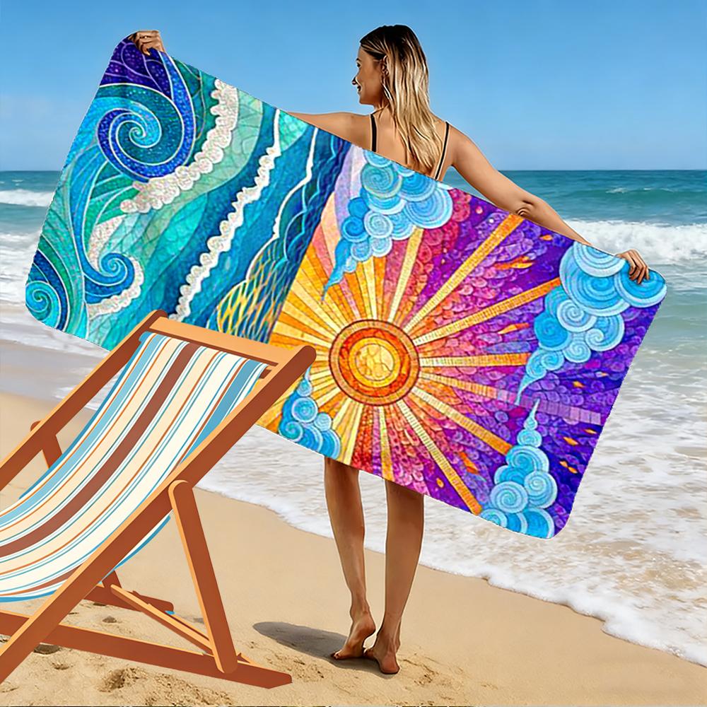 Colorful Sun and Ocean Waves Design Beach Towel Quick-drying for Travel Outdoor Sports Jogging Beach and Swimming