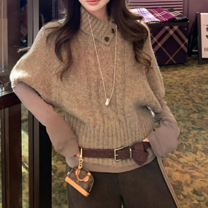 Vintage Rich Girl Style Knit Sweater Camel Cape Lapel Long Sleeve Fall New Arrival