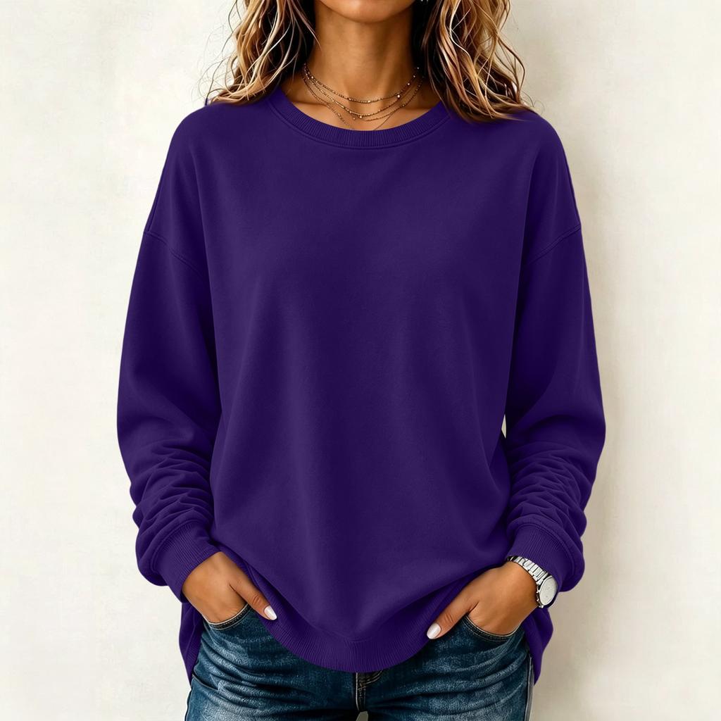 Maglione camicetta casual da donna a maniche lunghe tinta unita con scollo rotondo