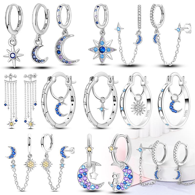 925 Sterling Silber Ohrringe für Damen Mädchen Ohrbügel Funkelnder Sonne Mond Sternenhimmel Ohrring Mode Party Schmuck Geschenk Zubehör