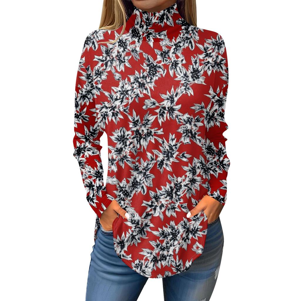 Tee Shirts For Women Fall Casual Long Sleeve Shirts Sweatshirt Vintage Printed High Neck Top Pullover