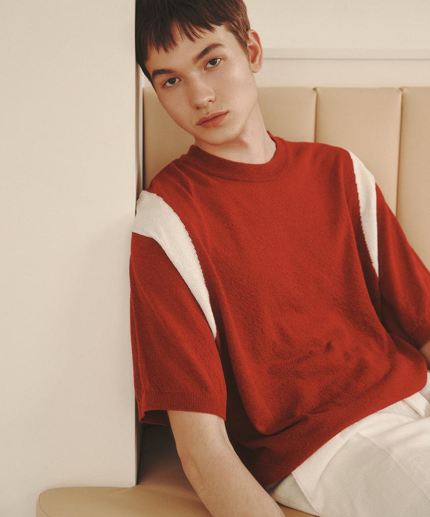 KNITTED Summer Varsity Short Sleeve Knit Tee Red
