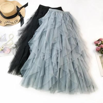 Long Maxi Skirt Women Fashion  Korean Cute Pink High Waist Pleated Tutu Skirt Mesh Female Lady Mesh Skirt
