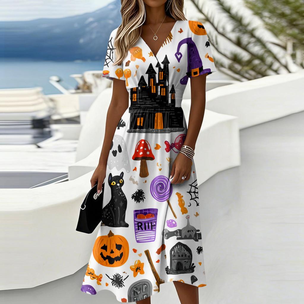 Women's Halloween Print Casual Short Sleeve V Neck Midi Dress with Elastic Waist and Relaxed Fit Suitable for Seasonal Wear