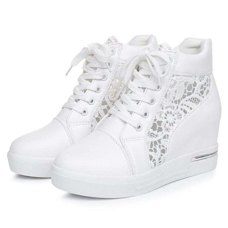Women Wedge Platform Sneakers Rubber Brogue Leather High Heels Lace Up Shoes Pointed Toe Height Increasing Creepers White Silver
