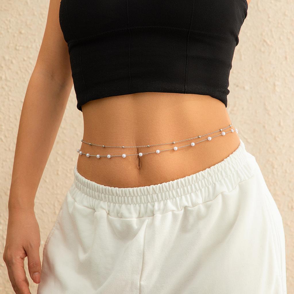 Simple Double Waist Chain Geometric Sequins Waist Chain Beach Party Imitation Pearl Body Chain Fashion