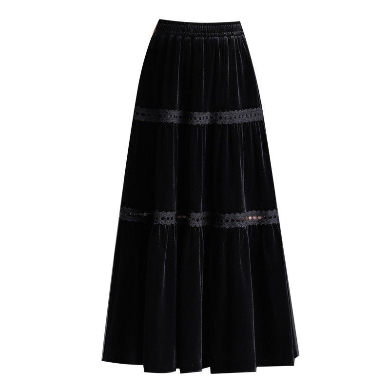 Autumn Winter Women's Velvet Plus Size Skirt High-Waist Cake Skirt Long A-Line Lace Skirt
